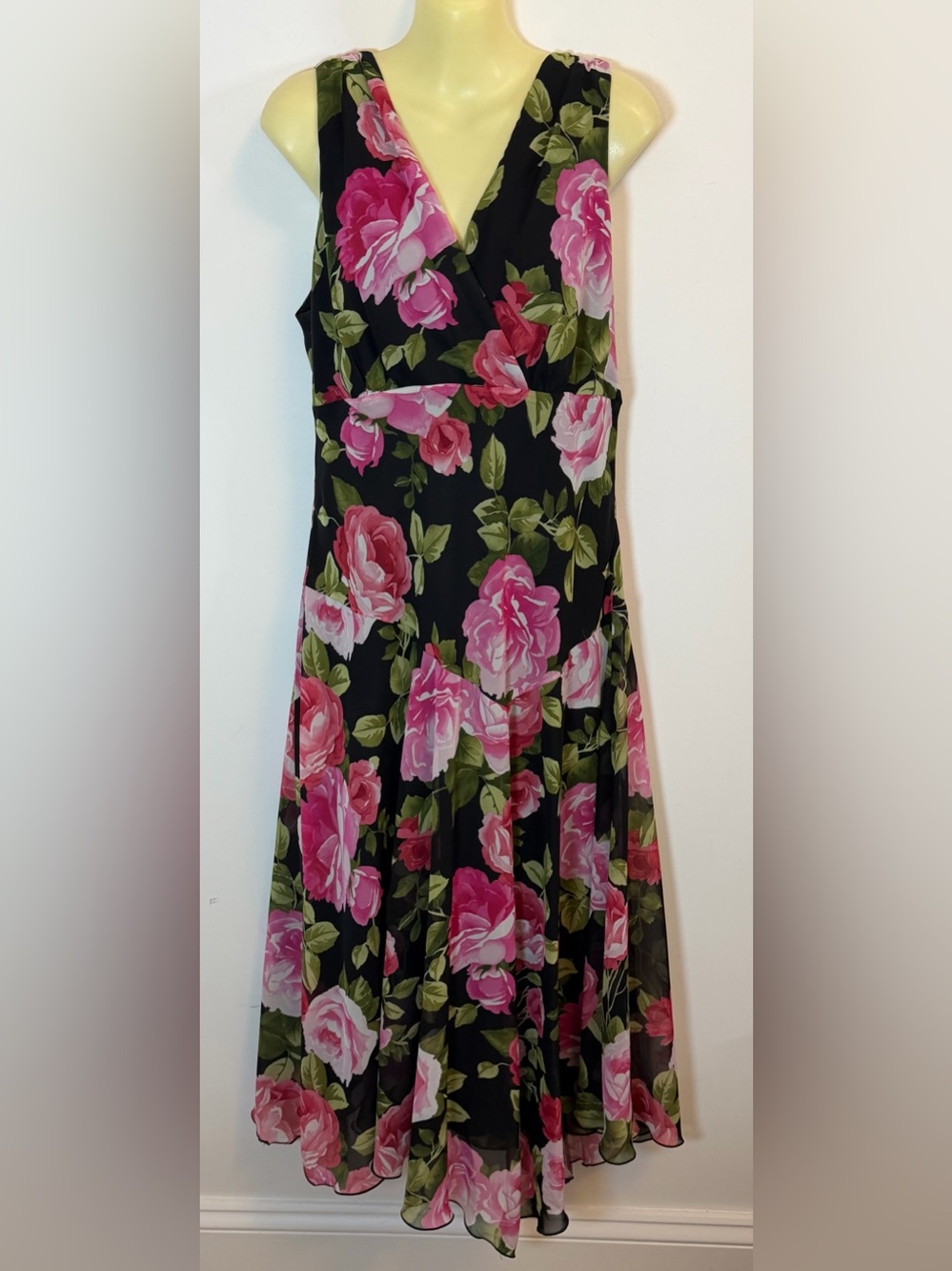Another Thyme Floral V-Neck Black Maxi Dress with Pink Rose Print